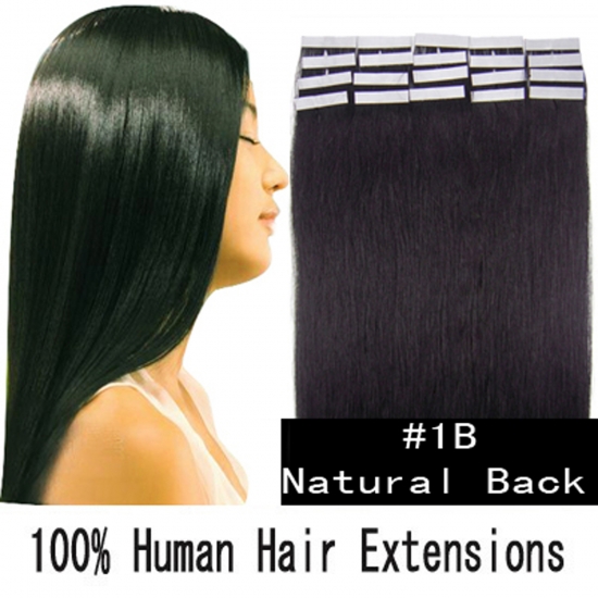 16"18"20"22"24" 20pcs/set Straight Tape in Remy Human Hair Extensions #1B Natural black - Click Image to Close