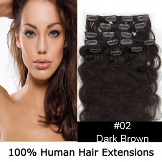 20"8Pcs 100g/set Body Wavy Clip In/On Remy Human Hair Extensions #02 Darkest brown - Click Image to Close