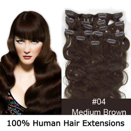 20"8Pcs 100g/set Body Wavy Clip In/On Remy Human Hair Extensions #04 Medium brown - Click Image to Close