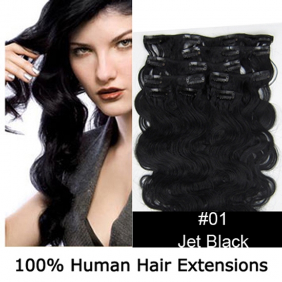 20"8Pcs 100g/set Body Wavy Clip In/On Remy Human Hair Extensions #01 Jet black - Click Image to Close