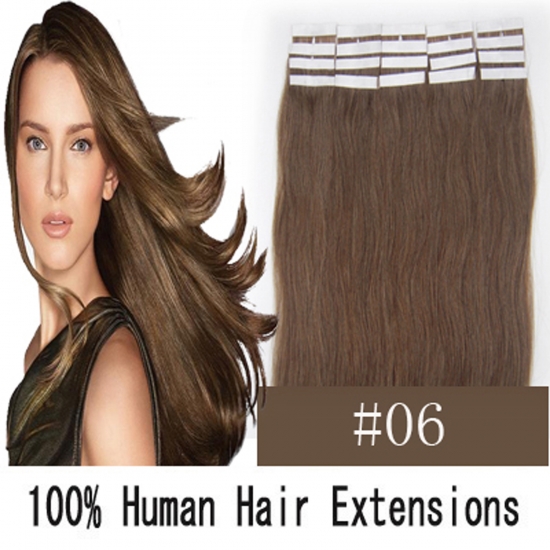 16"18"20"22"24" 20pcs/set Straight Tape in Remy Human Hair Extensions #06 Dark Chocolate Brown - Click Image to Close