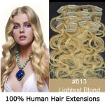 20"7Pcs 70g/set Body Wavy Clip In/On Remy Human Hair Extensions #613 Light blonde