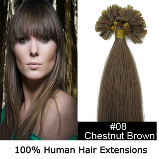 16"18"20"22"100pcs/Set Nail Tip Hair Keratin U Tip Remy Human Hair Extensions #08 Chestnut brown - Click Image to Close