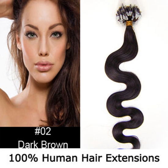 20" 100pcs/Set Wavy Micro Ring Loop Hair Remy Human Hair Extensions #02 Darkest brown - Click Image to Close