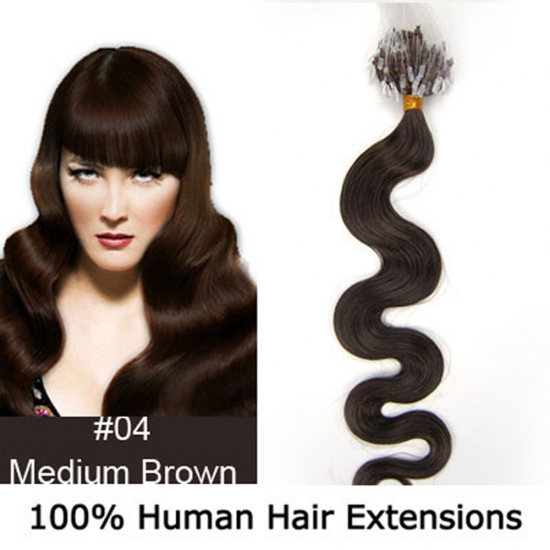 20" 100pcs/Set Wavy Micro Ring Loop Hair Remy Human Hair Extensions #04 Medium brown - Click Image to Close