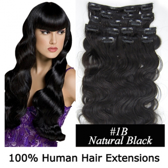 20"8Pcs 100g/set Body Wavy Clip In/On Remy Human Hair Extensions #1B Natural black - Click Image to Close