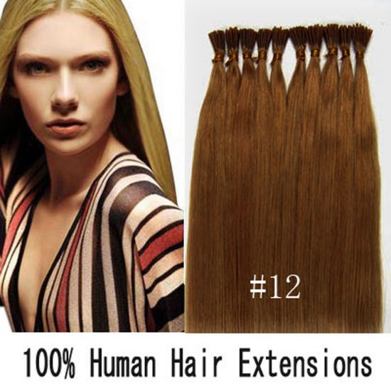 16"18"20"22"24"100pcs/Set Stick Tip Hair I Tip Remy Human Hair Extensions #12 Light brown - Click Image to Close