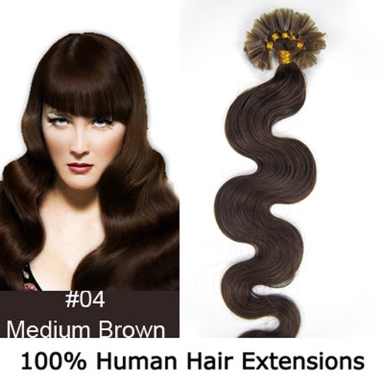 20" 100pcs/Set Wavy Nail Tip Hair Keratin U Tip Remy Human Hair Extensions #04 Medium brown - Click Image to Close