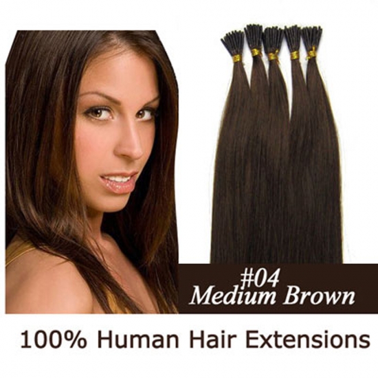 16"18"20"22"24"100pcs/Set Stick Tip Hair I Tip Remy Human Hair Extensions #04 Medium brown - Click Image to Close