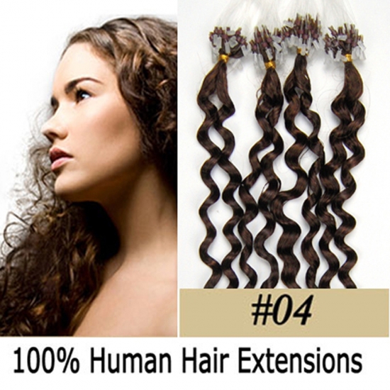 20" 100pcs/Set Curly Micro Ring Loop Hair Remy Human Hair Extensions #04 Medium brown - Click Image to Close