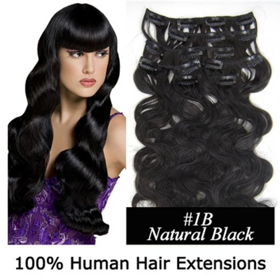 20"7Pcs 70g/set Body Wavy Clip In/On Remy Human Hair Extensions #1B Natural black - Click Image to Close