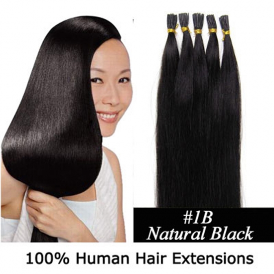 16"18"20"22"24"100pcs/Set Stick Tip Hair I Tip Remy Human Hair Extensions #1B Natural black - Click Image to Close