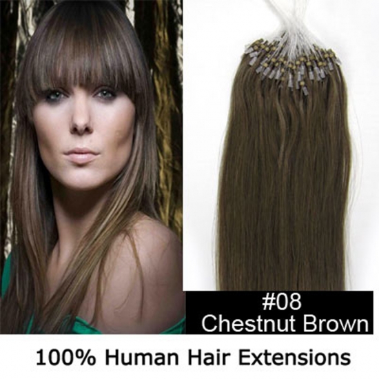 14"16"18"20"22"24"26"100pcs/Set Micro Ring Loop Hair Remy Human Hair Extensions #08 Chestnut brown - Click Image to Close