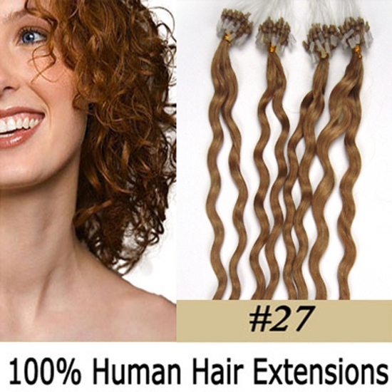 20" 100pcs/Set Curly Micro Ring Loop Hair Remy Human Hair Extensions #27 Dark blonde - Click Image to Close