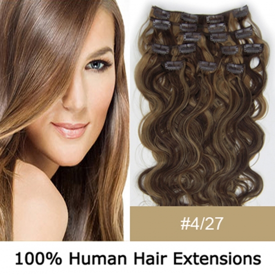 20"8Pcs 100g/set Body Wavy Clip In/On Remy Human Hair Extensions #4/27 - Click Image to Close