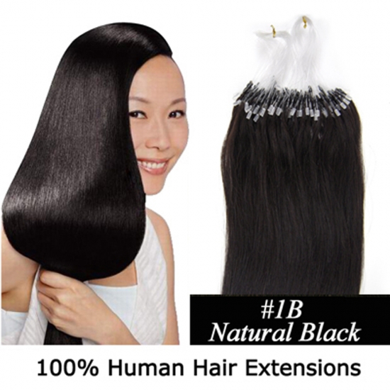 14"16"18"20"22"24"26"100pcs/Set Micro Ring Loop Hair Remy Human Hair Extensions #1B Natural black - Click Image to Close