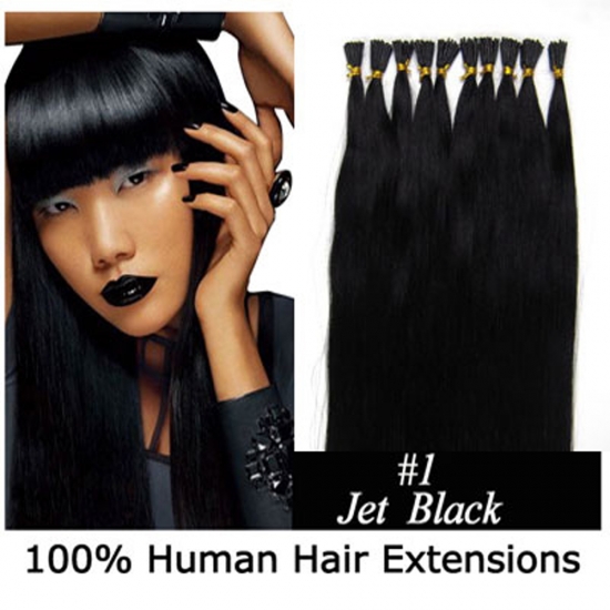 16"18"20"22"24"100pcs/Set Stick Tip Hair I Tip Remy Human Hair Extensions #01 Jet black - Click Image to Close