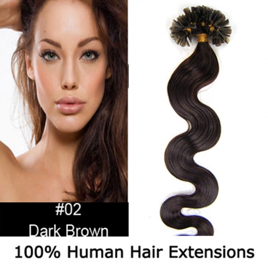 20" 100pcs/Set Wavy Nail Tip Hair Keratin U Tip Remy Human Hair Extensions #02 Darkest brown - Click Image to Close