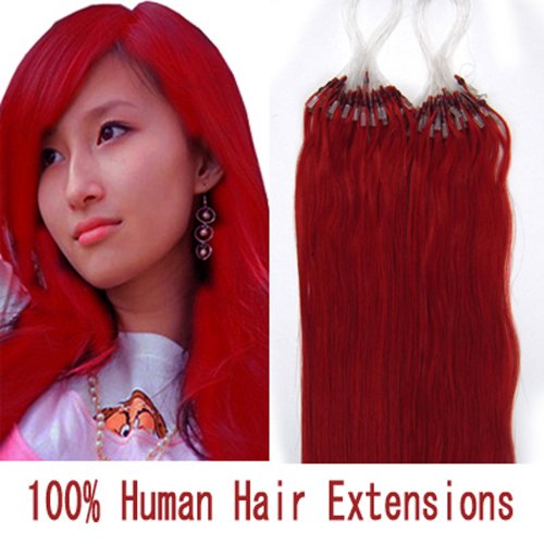 14"16"18"20"22"24"26"100pcs/Set Micro Ring Loop Hair Remy Human Hair Extensions #Red