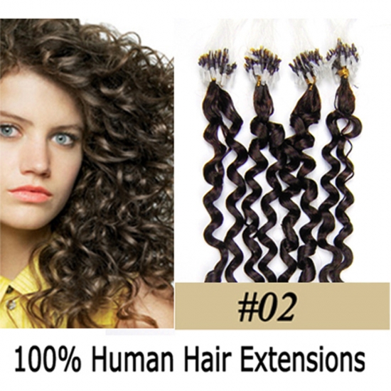 20" 100pcs/Set Curly Micro Ring Loop Hair Remy Human Hair Extensions #02 Darkest brown - Click Image to Close