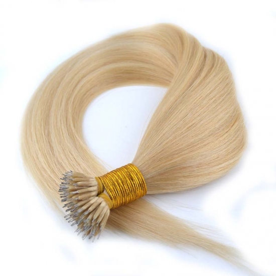 18"20" 100pcs/set Straight Remy Nano Ring Hair Human Hair Extensions #613 Light blonde - Click Image to Close