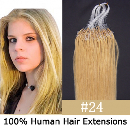 14"16"18"20"22"24"26"100pcs/Set Micro Ring Loop Hair Remy Human Hair Extensions #24 Medium blonde - Click Image to Close