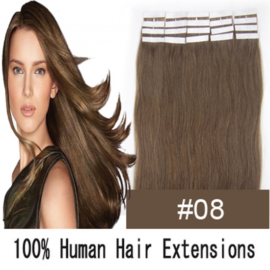 16"18"20"22"24" 20pcs/set Straight Tape in Remy Human Hair Extensions #08 Chestnut brown - Click Image to Close