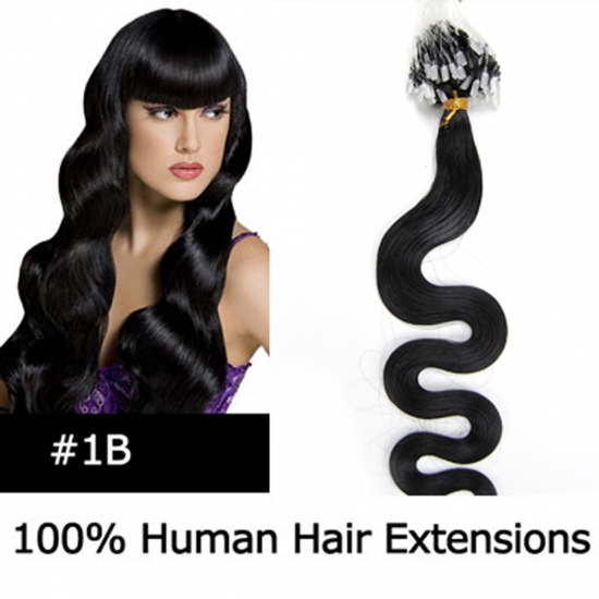 20" 100pcs/Set Wavy Micro Ring Loop Hair Remy Human Hair Extensions #1B Natural black - Click Image to Close