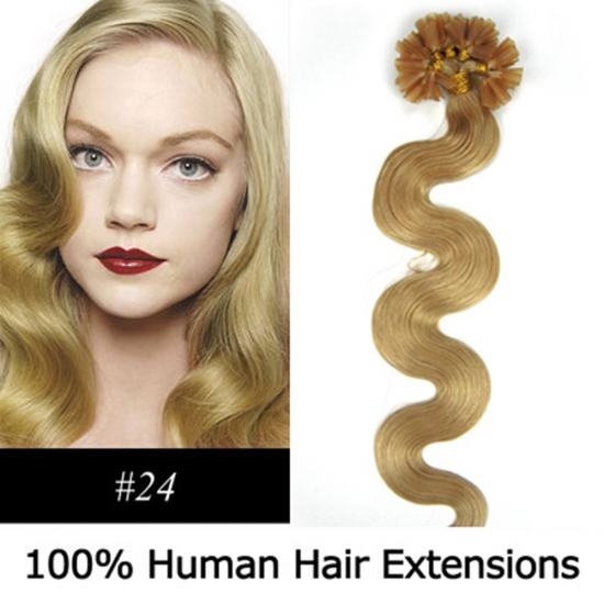 20" 100pcs/Set Wavy Nail Tip Hair Keratin U Tip Remy Human Hair Extensions #24 Medium blonde - Click Image to Close