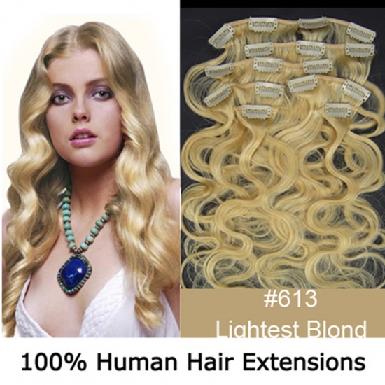 20"7Pcs 70g/set Body Wavy Clip In/On Remy Human Hair Extensions #613 Light blonde - Click Image to Close