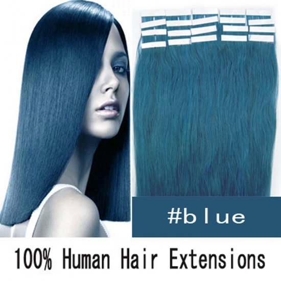 16"18"20"22"24" 20pcs/set Straight Tape in Remy Human Hair Extensions #Blue - Click Image to Close