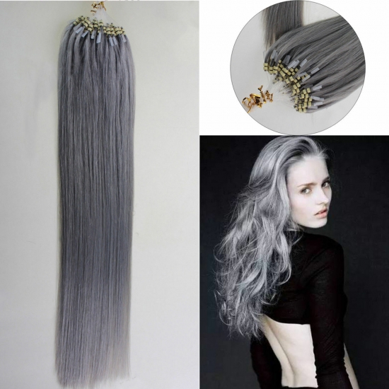 14"16"18"20"22"24"26"100pcs/Set Micro Ring Loop Hair Remy Human Hair Extensions #Grey - Click Image to Close