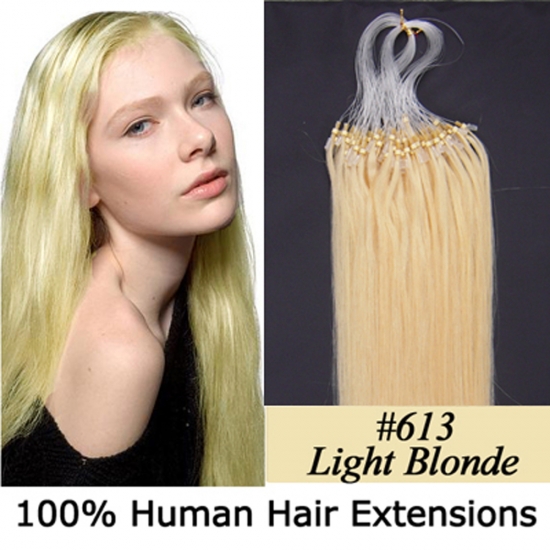 14"16"18"20"22"24"26"100pcs/Set Micro Ring Loop Hair Remy Human Hair Extensions #613 Light blonde - Click Image to Close