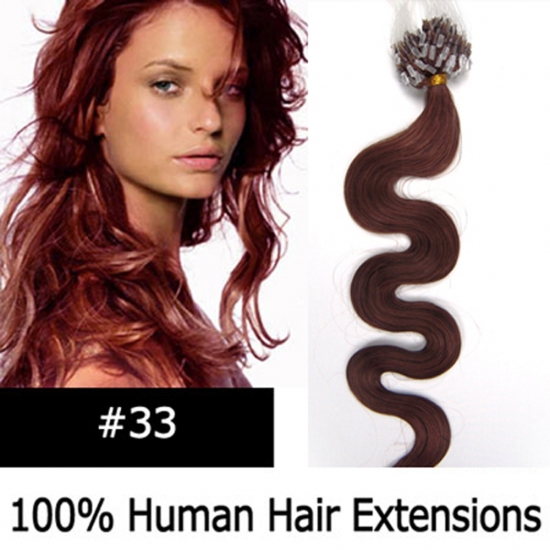 20" 100pcs/Set Wavy Micro Ring Loop Hair Remy Human Hair Extensions #33 Dark auburn - Click Image to Close