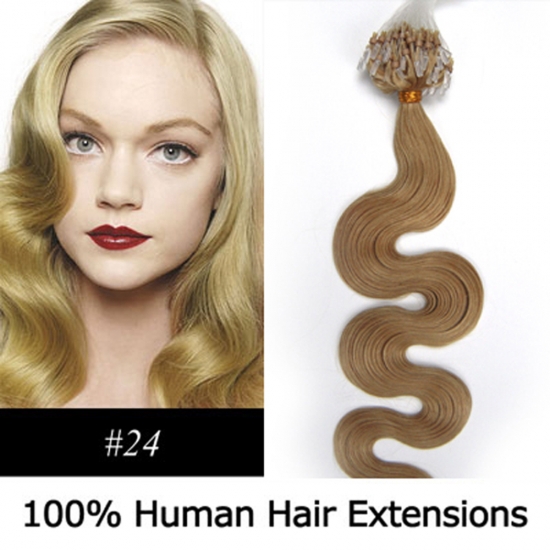 20" 100pcs/Set Wavy Micro Ring Loop Hair Remy Human Hair Extensions #24 Medium blonde - Click Image to Close