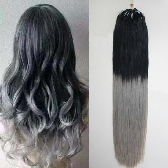 14"16"18"20"22"24"26"100pcs/Set Micro Ring Loop Hair Remy Human Hair Extensions #T1/Grey - Click Image to Close