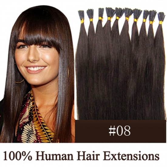 16"18"20"22"24"100pcs/Set Stick Tip Hair I Tip Remy Human Hair Extensions #08 Chestnut brown - Click Image to Close