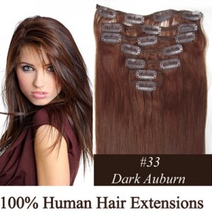 15"18"20"22"7Pcs 70g/80g/set Straight Clip In/On Remy Human Hair Extensions #33 Dark auburn