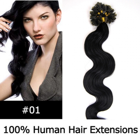 20" 100pcs/Set Wavy Nail Tip Hair Keratin U Tip Remy Human Hair Extensions #01 Jet black - Click Image to Close