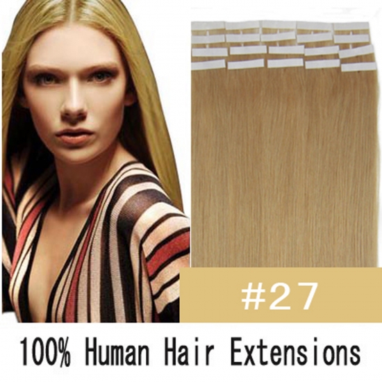 16"18"20"22"24" 20pcs/set Straight Tape in Remy Human Hair Extensions #27 Dark blonde - Click Image to Close