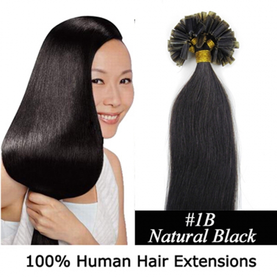 16"18"20"22"26"100pcs/Set Nail Tip Hair Keratin U Tip Remy Human Hair Extensions #1B Natural black - Click Image to Close