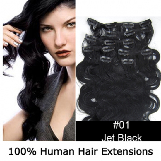 20"7Pcs 70g/set Body Wavy Clip In/On Remy Human Hair Extensions #01 Jet Black - Click Image to Close