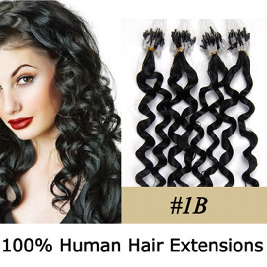 20" 100pcs/Set Curly Micro Ring Loop Hair Remy Human Hair Extensions #1B Natural black - Click Image to Close