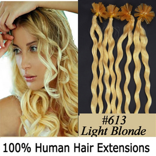 20" 100pcs/Set Curly Nail Tip Hair Keratin U Tip Remy Human Hair Extensions #613 Light blonde - Click Image to Close