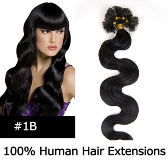 20" 100pcs/Set Wavy Nail Tip Hair Keratin U Tip Remy Human Hair Extensions #1B Natural black - Click Image to Close