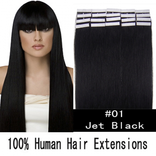 16"18"20"22"24" 20pcs/set Straight Tape in Remy Human Hair Extensions #01 Jet black - Click Image to Close