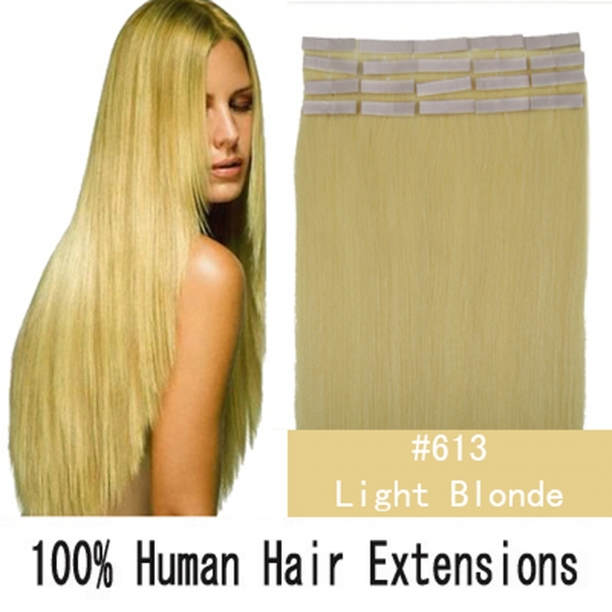 16"18"20"22"24" 20pcs/set Straight Tape in Remy Human Hair Extensions #613 Light blonde - Click Image to Close