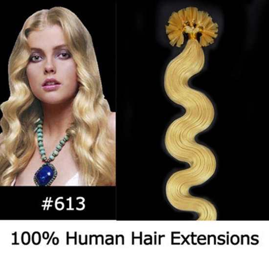 20" 100pcs/Set Wavy Nail Tip Hair Keratin U Tip Remy Human Hair Extensions #613 Light blonde - Click Image to Close