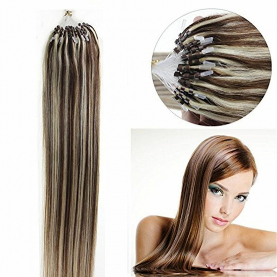 14"16"18"20"22"24"26"100pcs/Set Micro Ring Loop Hair Remy Human Hair Extensions #M4/613 - Click Image to Close