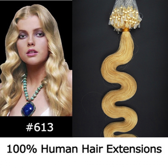 20" 100pcs/Set Wavy Micro Ring Loop Hair Remy Human Hair Extensions #613 Light blonde - Click Image to Close